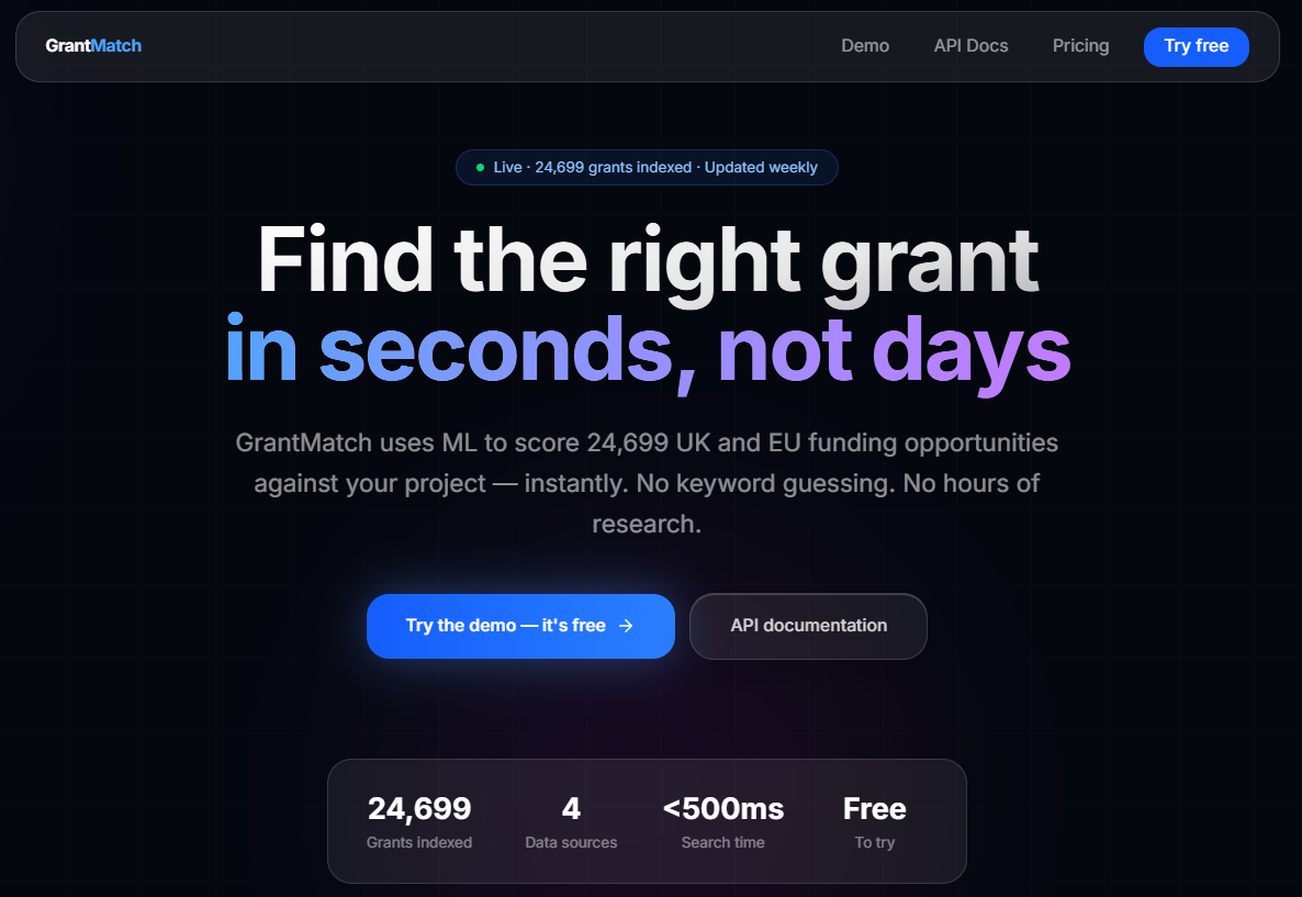 GrantMatch product landing: headline and grant search call to action
