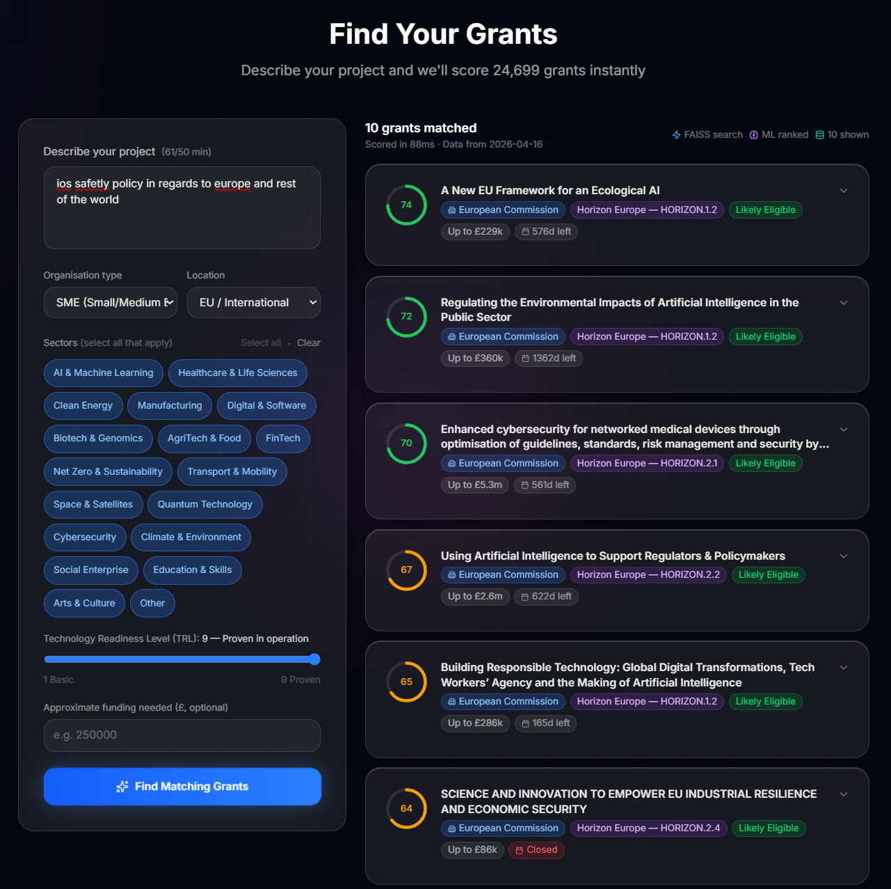 GrantMatch demo showing ranked grant results and match scores