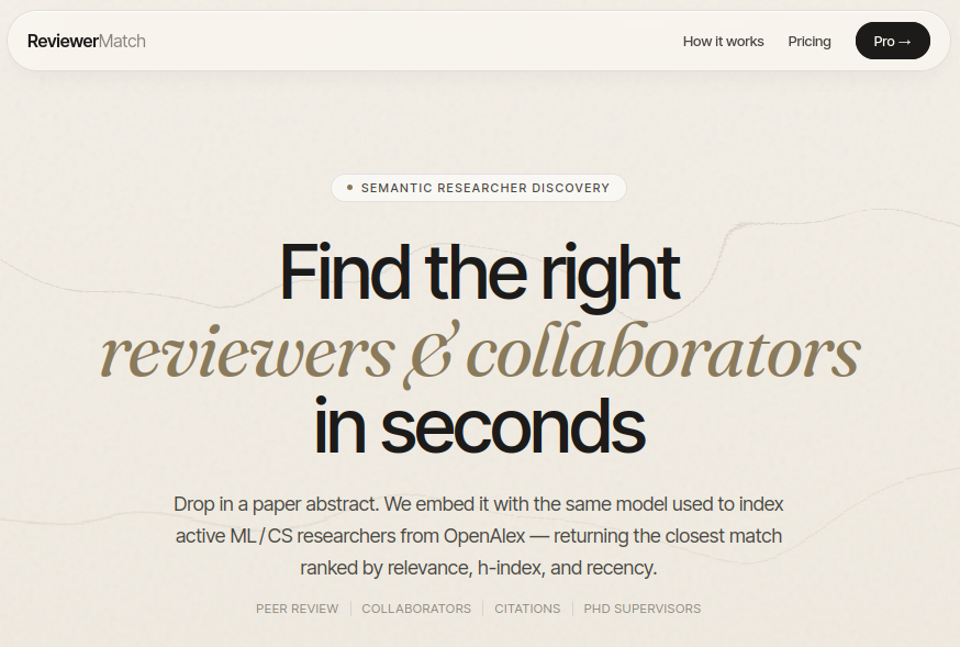 ReviewerMatch landing: semantic researcher discovery hero