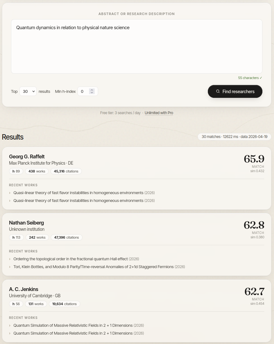 ReviewerMatch results list with researcher matches